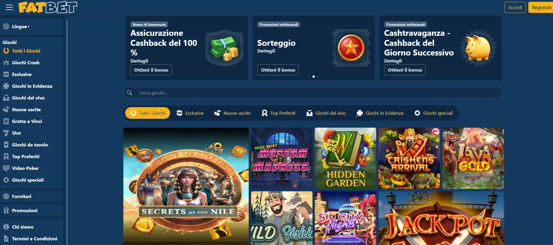 Homepage FatBet con il conteggio dei giochi e le categorie del catalogo